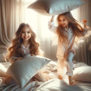 Innocent Joy of Childhood: Playful Pillow Fight on Bed