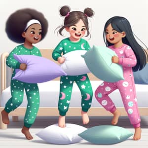 Diverse Girls' Pillow Fight in Cute Pajamas | Fun Bedroom Scene