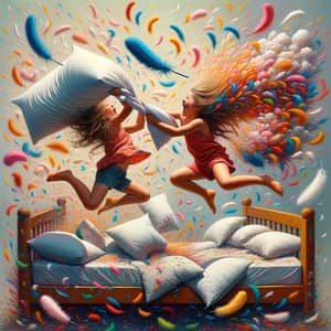 Playful Pillow Fight of Two Young Girls on Bed Swing