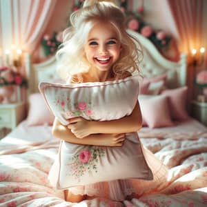 Joyful Young Girl Jumping on Queen-Sized Bed | Pure Happiness