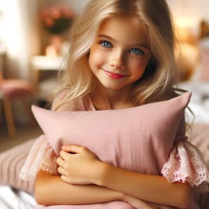 Cute Blonde Girl Hugging Pink Pillow | Cozy Bedroom Scene