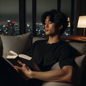 Young Man Relaxing on Sofa with Book in City Setting