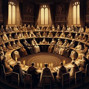 Illustration of Religious Conclave in Ornate Circular Room