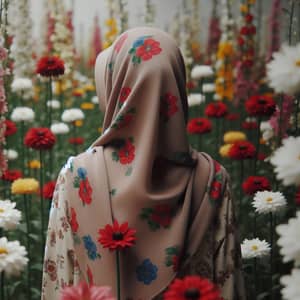 Hijab Girl Surrounded by Red, White, and Yellow Flowers