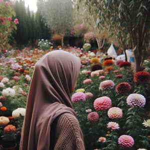 Girl with Hijab Surrounded by Flowers - Peaceful Scene