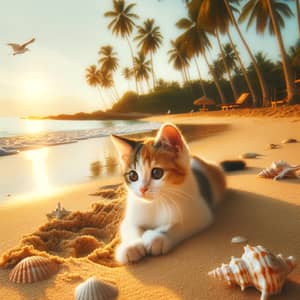 Serene Beach Scene with Calico Cat Playing in the Sand