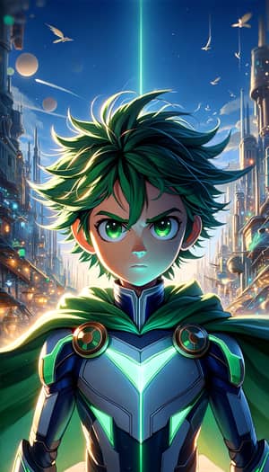 Futuristic Green-Haired Superhero: Courage and Hope