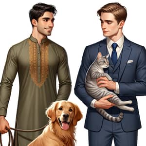 Men in Shalwar Kameez and Suit Share Moment with Pets