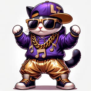 Cool Hip Hop Cartoon Cat in Gold Trousers & Purple Hoodie