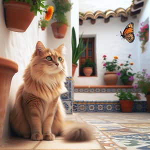 Spanish Cat on Tiled Patio - Luxurious Fur and Green Eyes