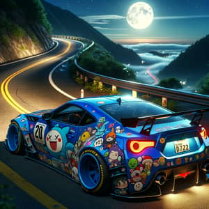 Midnight Drifting: 3D-Rendered Blue Sports Car on Japanese Mountain Road