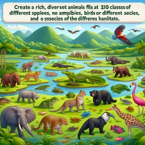 Diverse Landscape with 10 Distinct Animals from Animal Kingdom