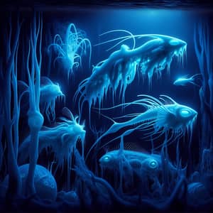 Surreal Underwater Scene: Obscure Deep Sea Creatures