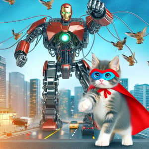 Cat Superhero Saving Citizens from Attacking Robot