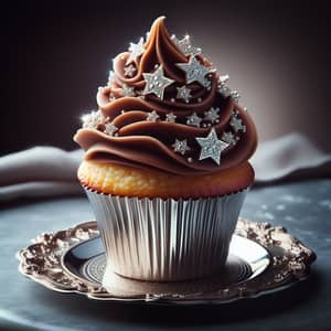Opulent Cupcake with Chocolate Frosting and Edible Silver Stars