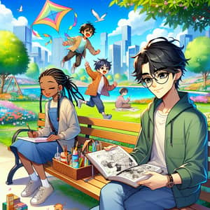 Tranquil Anime Park Scene with Diverse Characters