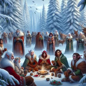 Enchanting Winter Scene with Diverse Elves in Forest