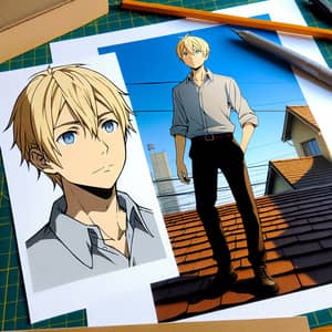 Anime Style Short-Haired Blond Man on Roof Looking into Distance