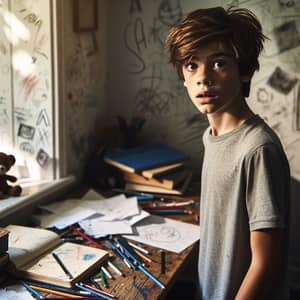 Surprised Teen Boy in Chaotic Room with Desk and Sunlight