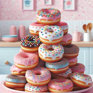 Colorful Glazed Donuts with Sprinkles on Pink Plate