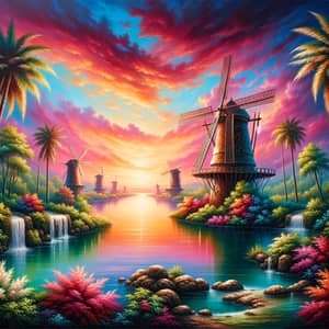 Serene Oasis Sunset Painting with Windmills - Tranquil Nature Scene