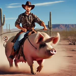 Caucasian Cowboy Riding Pig in Desert - Unexpected Humor