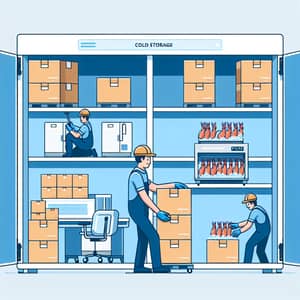 Cold Storage Room with Warehouse Worker Arranging Fish and Shrimp
