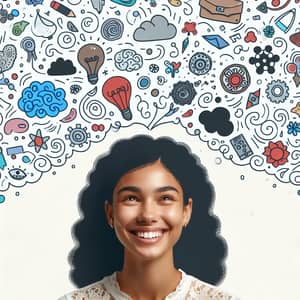 Joyful Mixed Ethnicity Female Surrounded by Imaginative Thoughts