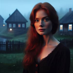 25-Year-Old Woman Resembling Red-Haired Actress in Misty Village Scene