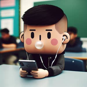 Jimy with Black Hair and Airpods Holding iPhone in Classroom