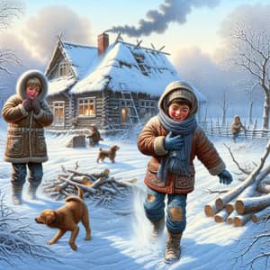 Rural Winter Scene: Two Boys in Village