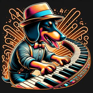 Cartoon Dachshund Musician Playing Keyboard in Bold Art Nouveau Style