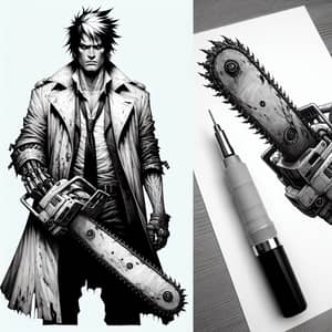 Monochromatic Chainsaw Character Drawing | Artwork in Grayscale Tones