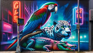 Vivid Neon Street Art with Jaguar, Macaw & Alligator
