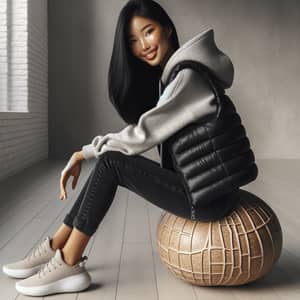Asian Girl in Grey Hoodie on Peanut Yoga Ball