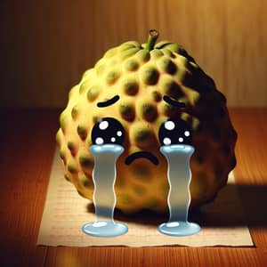 Chico Fruit Crying on Wooden Tabletop - Emotional Cartoon Character