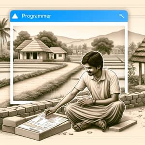 Programmer Man Building a House in a Serene Village Setting