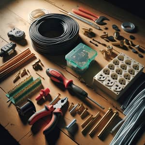Electrical Materials Collection on Wooden Table