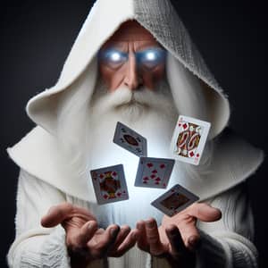 Elder Wizard with Luminescent Eyes and Poker Card Magic