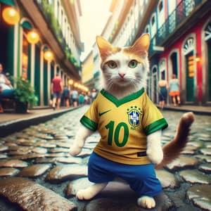 Playful Cat in Brazilian Football Jersey | Vintage Film Style
