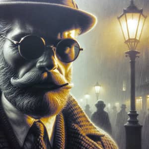 Mysterious 1950s London Street Featuring Bearded Man in Stylish Sunglasses