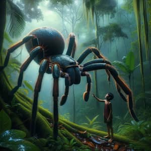 Gigantic Sapphire Spider Interacting with South Asian Boy in Rainforest