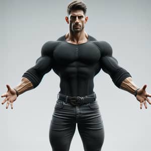 Detailed Realistic Muscle Man Image in Black Shirt and Gray Pants