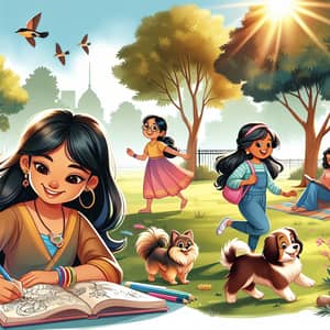 Park Scenes with Diverse Girls: Sketching, Reading, Playing