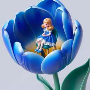 Vibrant Blue Tulip with Miniature Girl Illustration