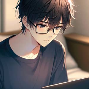 Chipi-Style Anime Boy in Dark Blue T-Shirt Working on Laptop