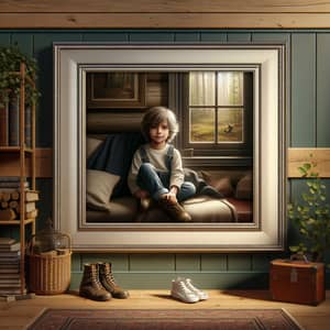 Realistic Image of Caucasian Boy Sitting in Cozy Corner Inside House