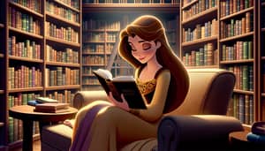 Library Scene with Female Character Reading a Book
