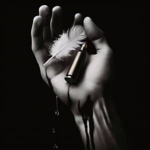Human Hand with Ammunition Cartridge, White Feather, Tears - Emotional Image