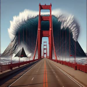 Iconic Red Suspension Bridge Facing Tsunami Wave
